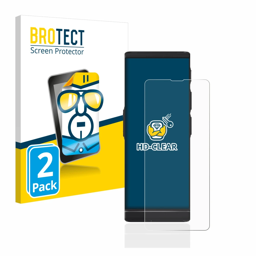 Front side of a product packaging with the brand logo BROTECT. Next to it is the device Vasco Translator V4 shown with the cor