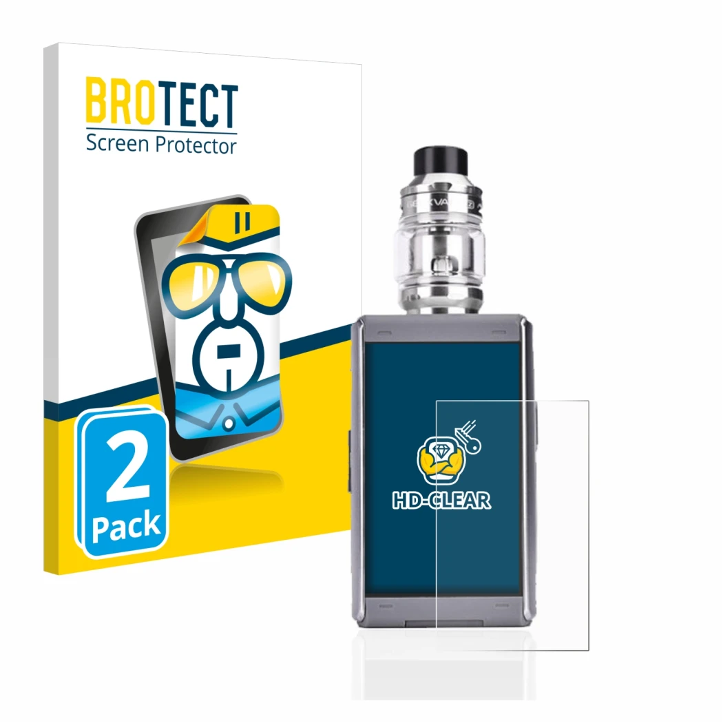Front side of a product packaging with the brand logo BROTECT. Next to it is the device GeekVape T200 shown with the correspon