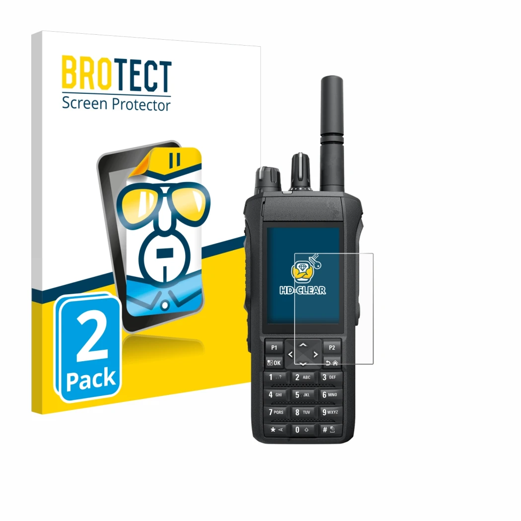 Front side of a product packaging with the brand logo BROTECT. Next to it is the device Motorola R7 shown with the correspondi