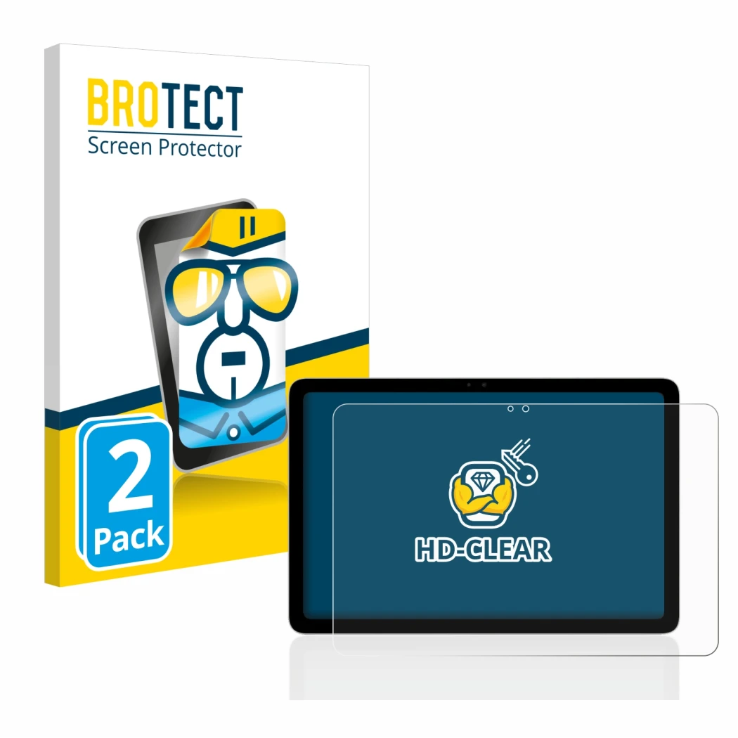 Front side of a product packaging with the brand logo BROTECT. Next to it is the device Google Pixel Tablet shown with the cor