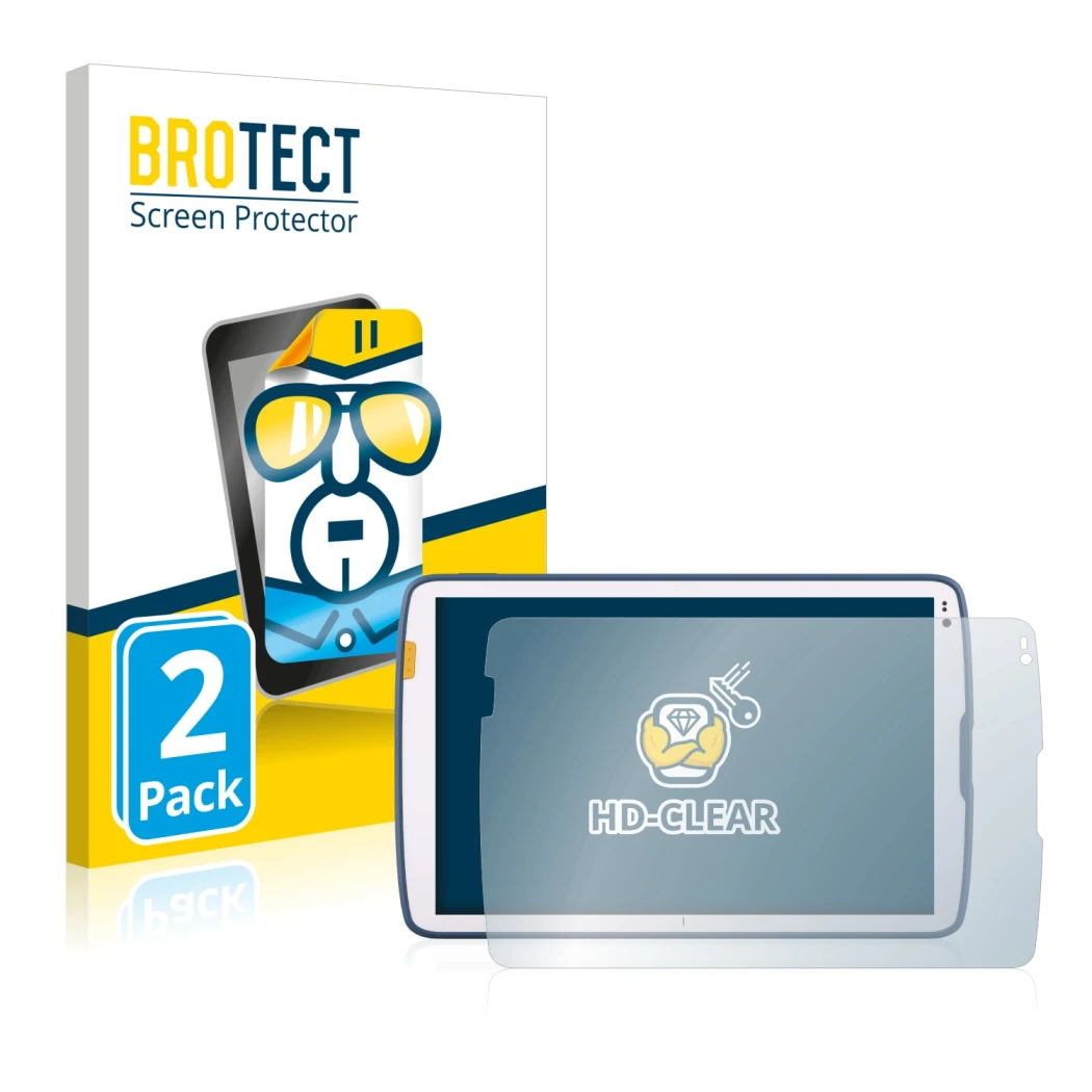 Front side of a product packaging with the brand logo BROTECT. Next to it is the device Zebra ET45 10.1