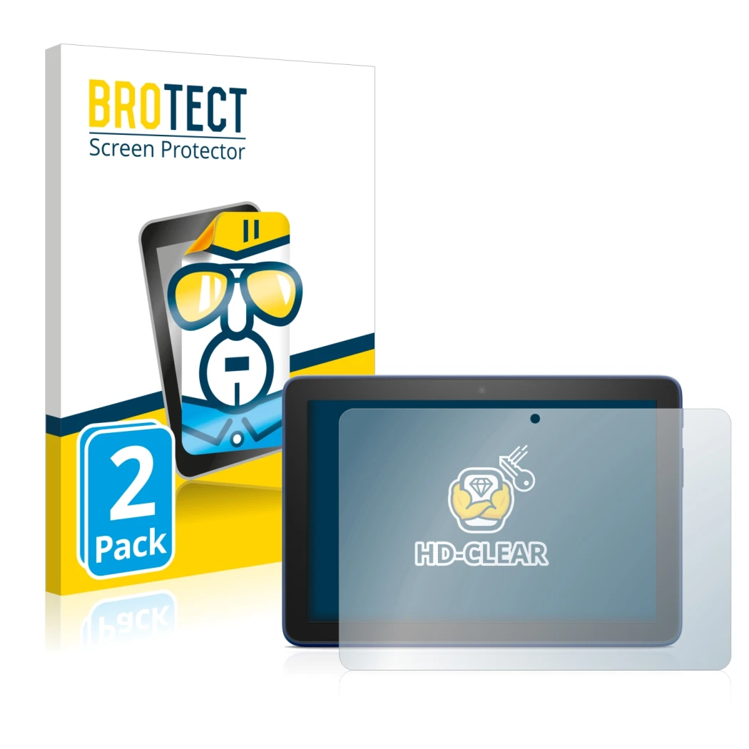 Front side of a product packaging with the brand logo BROTECT. Next to it is the device Amazon Fire HD 8 Plus 2022 shown with