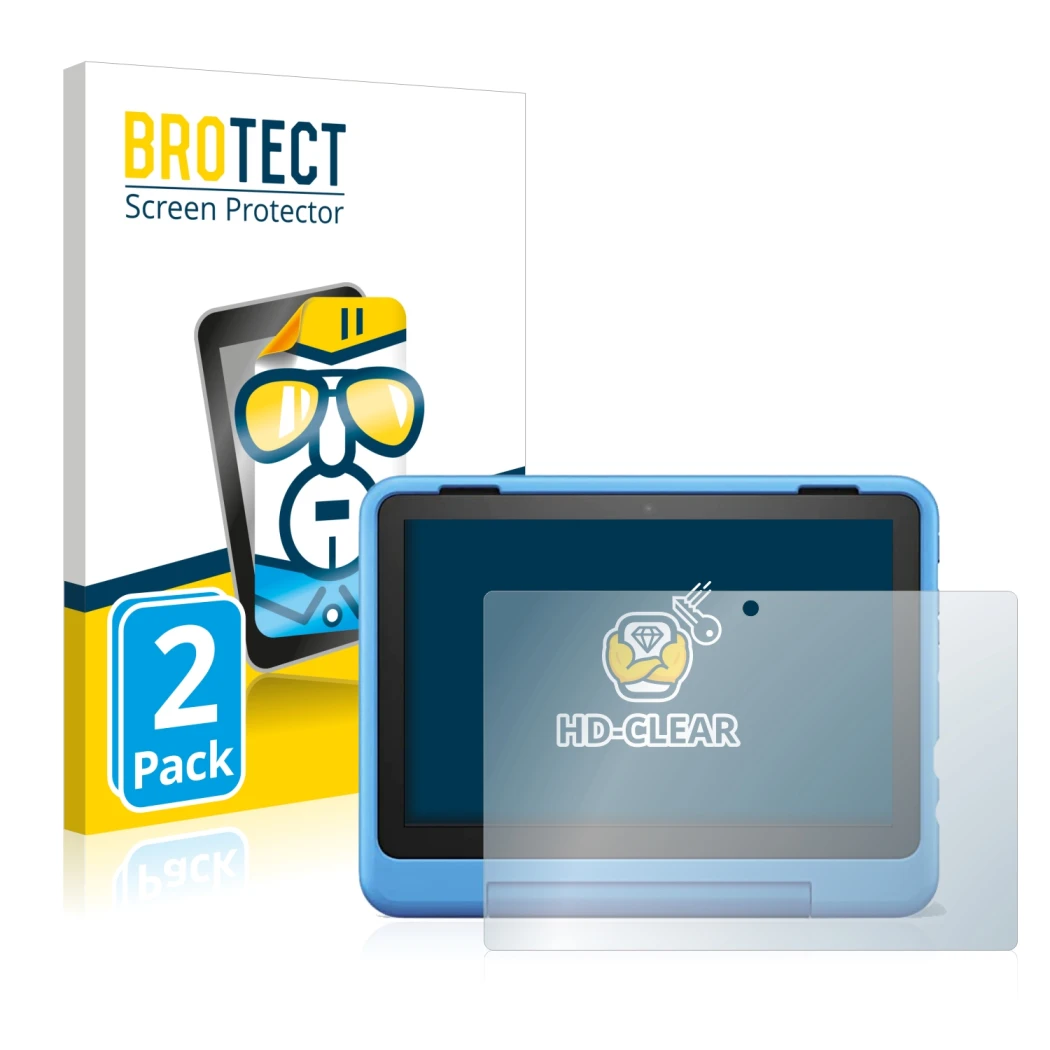 Front side of a product packaging with the brand logo BROTECT. Next to it is the device Amazon Fire HD 8 Kids Pro 2022 shown w