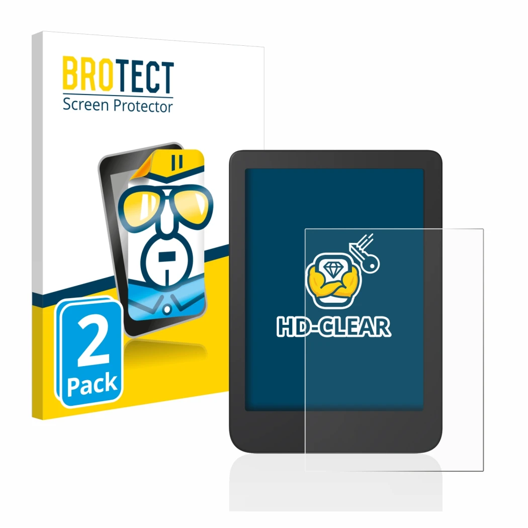 Front side of a product packaging with the brand logo BROTECT. Next to it is the device Tolino Shine 4 shown with the correspo