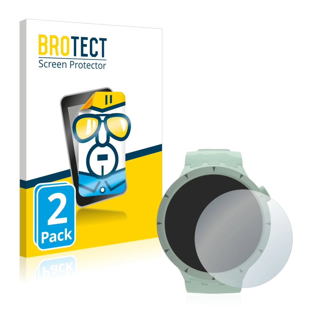 Front side of a product packaging with the brand logo BROTECT. Next to it is the device Swatch Big Bold Bioceramic shown with