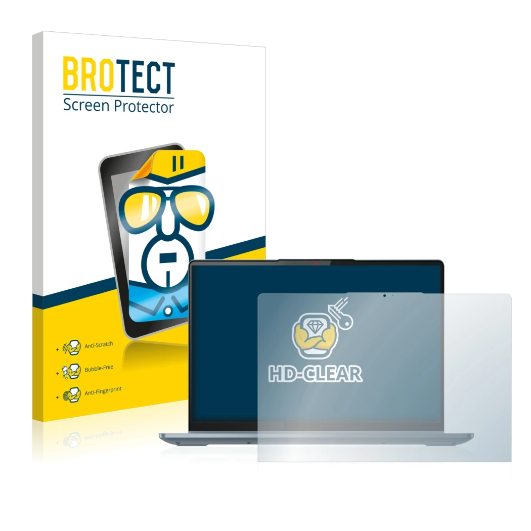 Front side of a product packaging with the brand logo BROTECT. Next to it is the device Lenovo IdeaPad Flex 5 14