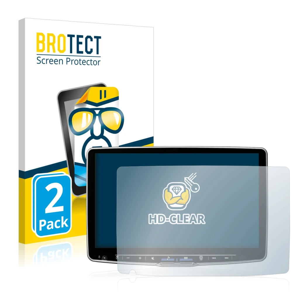 Front side of a product packaging with the brand logo BROTECT. Next to it is the device Alpine ILX-F115D shown with the corres