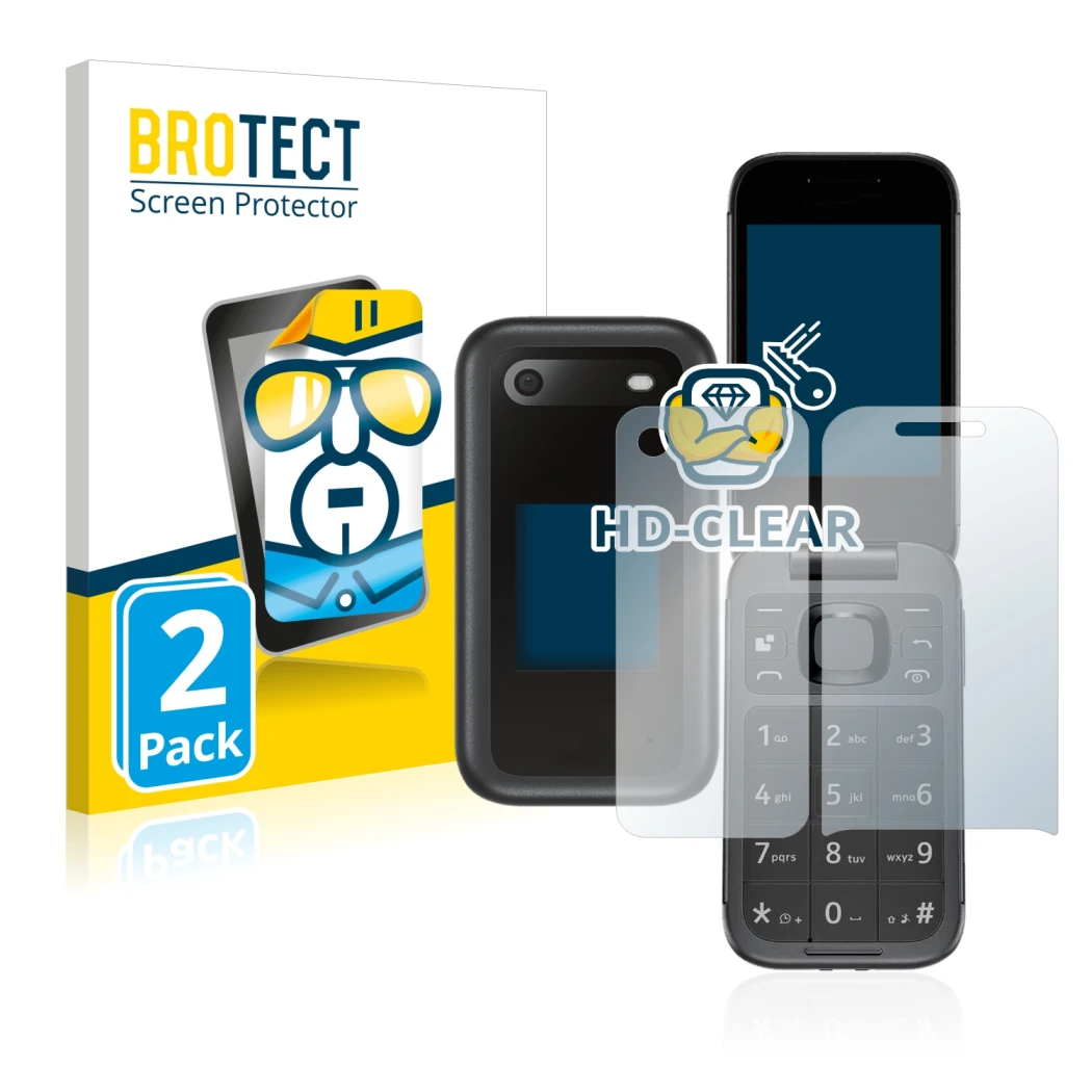 Front side of a product packaging with the brand logo BROTECT. Next to it is the device Nokia 2660 Flip (Front+Back) shown wit