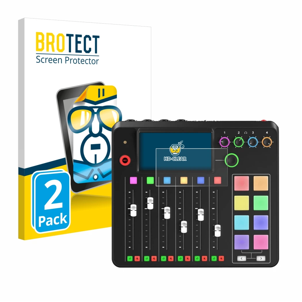 Front side of a product packaging with the brand logo BROTECT. Next to it is the device Rode Rodecaster Pro II shown with the 