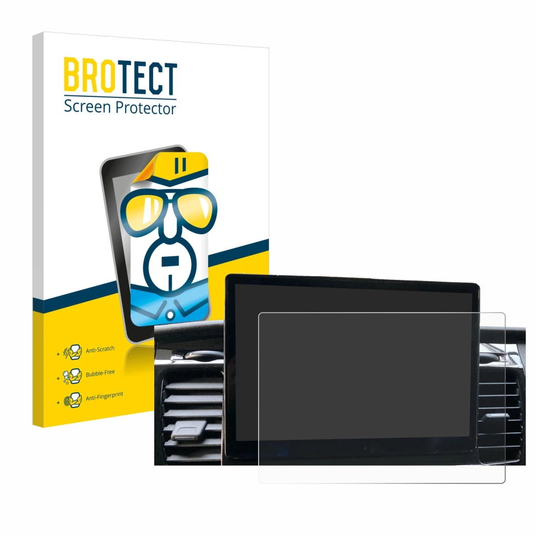 Front side of a product packaging with the brand logo BROTECT. Next to it is the device Ford Transit SYNC 4 shown with the cor