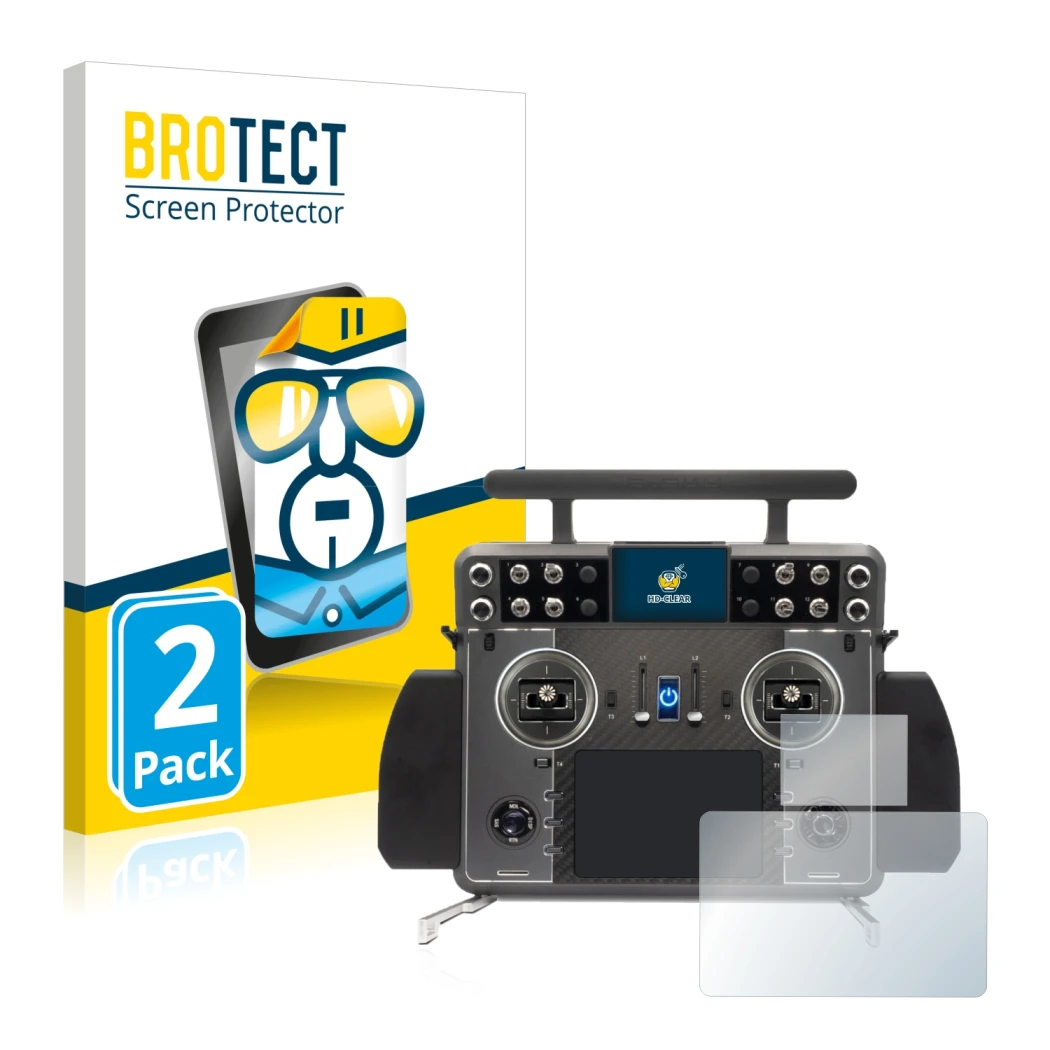 Front side of a product packaging with the brand logo BROTECT. Next to it is the device FrSky Tandem XE 2 shown with the corre