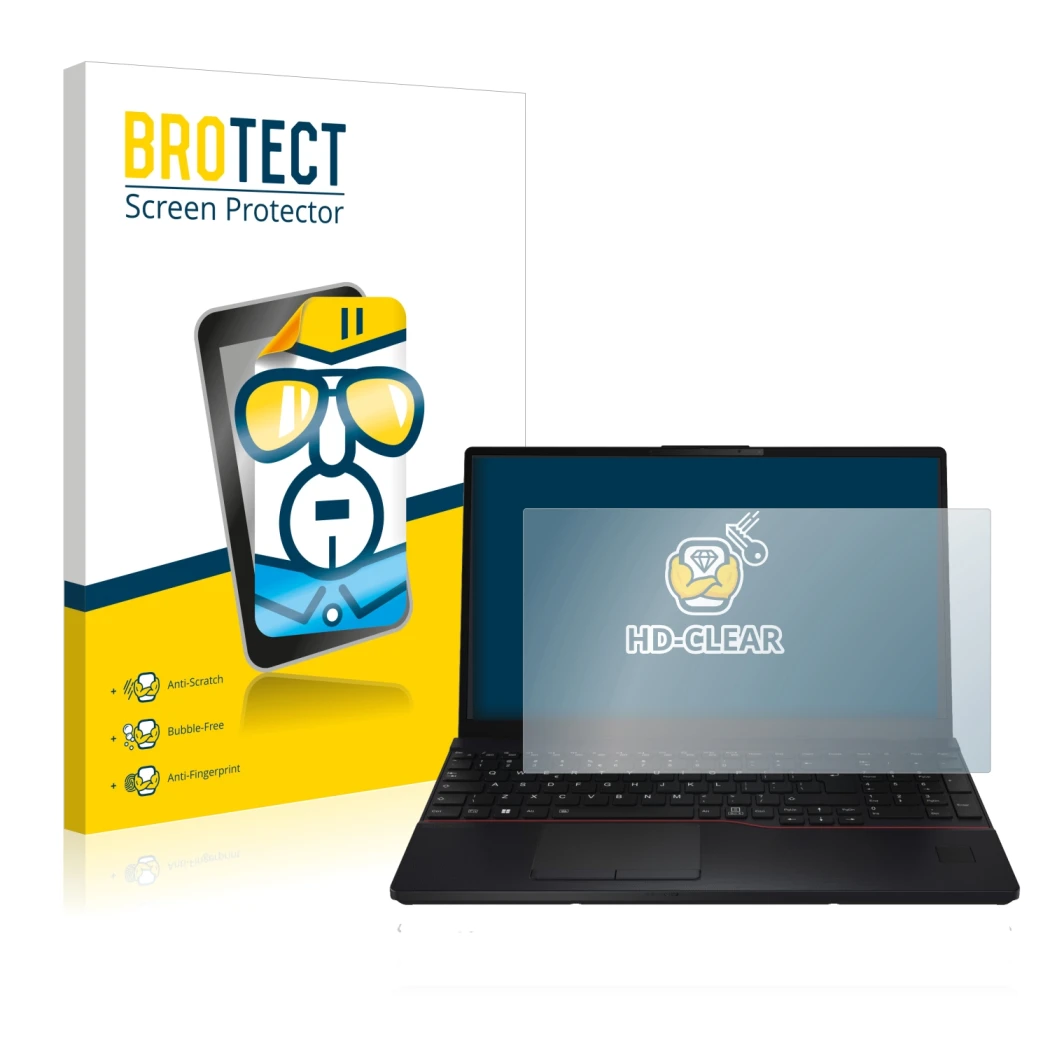 Front side of a product packaging with the brand logo BROTECT. Next to it is the device Fujitsu Lifebook E5512 shown with the 