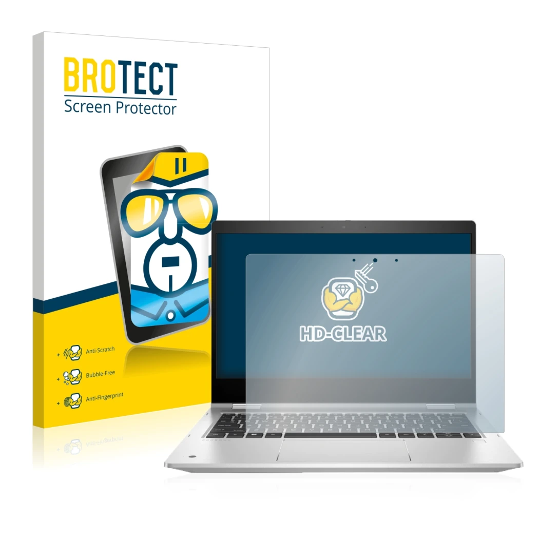 Front side of a product packaging with the brand logo BROTECT. Next to it is the device HP ProBook x360 435 G9 shown with the