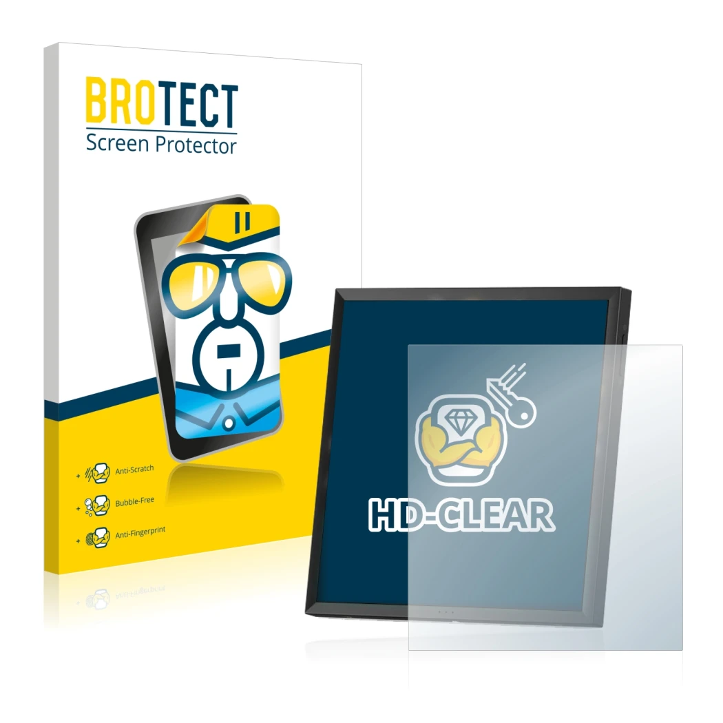 Front side of a product packaging with the brand logo BROTECT. Next to it is the device Divoom Pixoo-64 shown with the corresp
