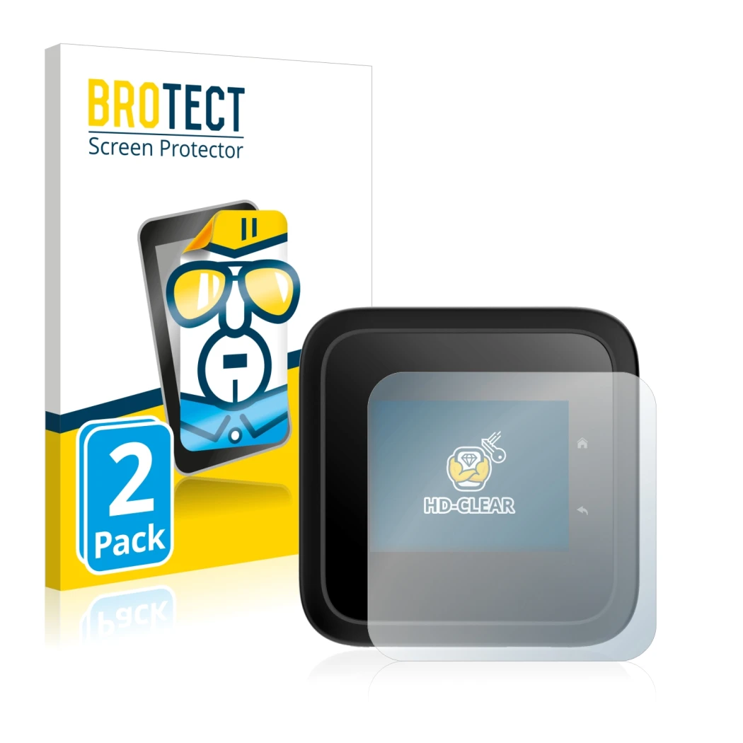 Front side of a product packaging with the brand logo BROTECT. Next to it is the device Netgear Nighthawk M6 Pro shown with th