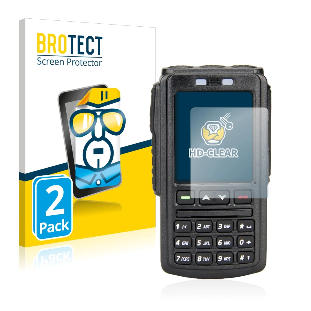 Front side of a product packaging with the brand logo BROTECT. Next to it is the device AnyTone BT-01 shown with the correspon