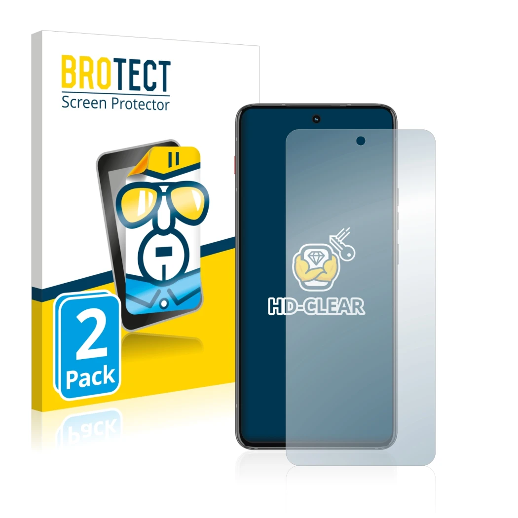Front side of a product packaging with the brand logo BROTECT. Next to it is the device Motorola ThinkPhone shown with the cor