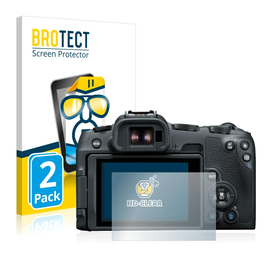 Front side of a product packaging with the brand logo BROTECT. Next to it is the device Canon EOS R8 shown with the correspond