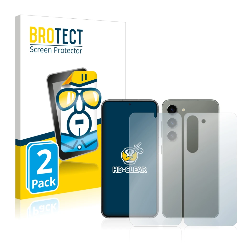 Front side of a product packaging with the brand logo BROTECT. Next to it is the device Samsung Galaxy S23 (Front+Back) shown 