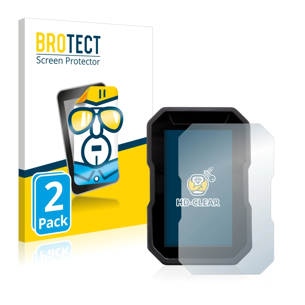 Front side of a product packaging with the brand logo BROTECT. Next to it is the device Ducati DesertX 2022 shown with the cor