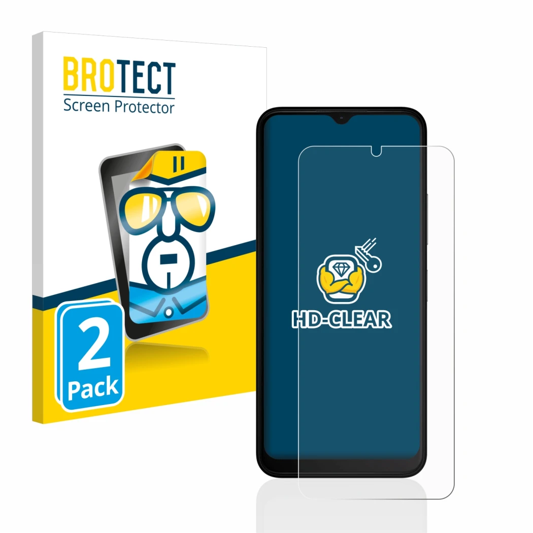 Front side of a product packaging with the brand logo BROTECT. Next to it is the device Nokia C32 shown with the corresponding