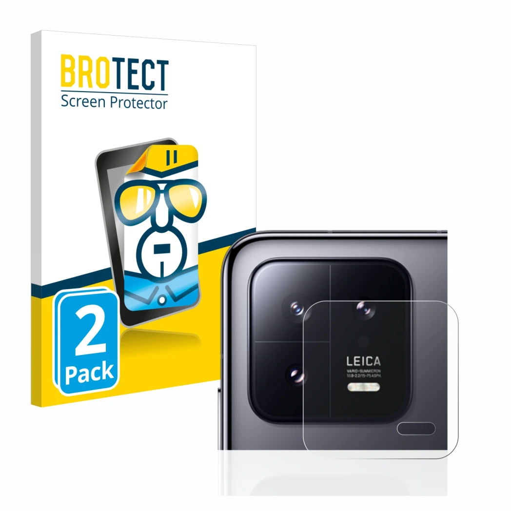 Front side of a product packaging with the brand logo BROTECT. Next to it is the device Xiaomi 13 (ONLY Camera Lens) shown wit