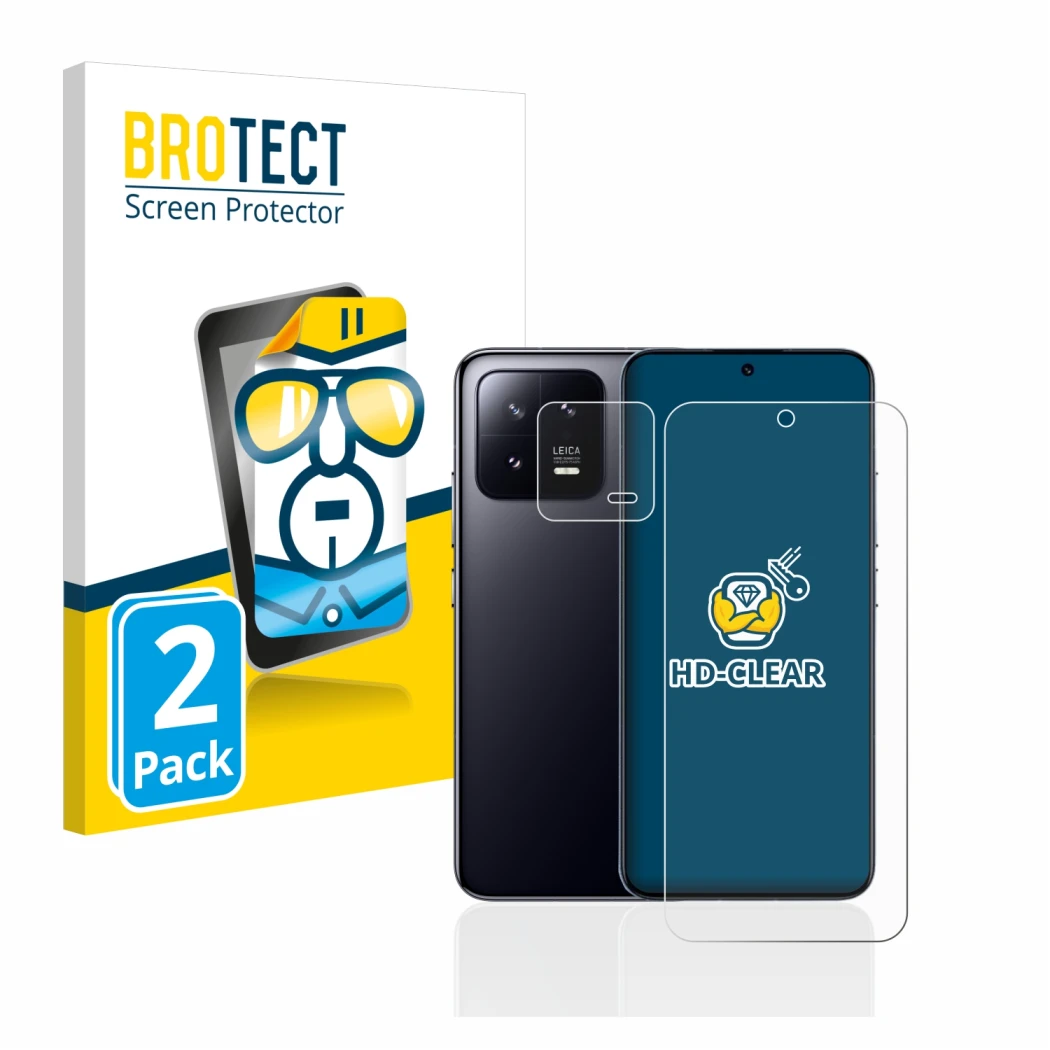 Front side of a product packaging with the brand logo BROTECT. Next to it is the device Xiaomi 13 (Front+Camera) shown with th