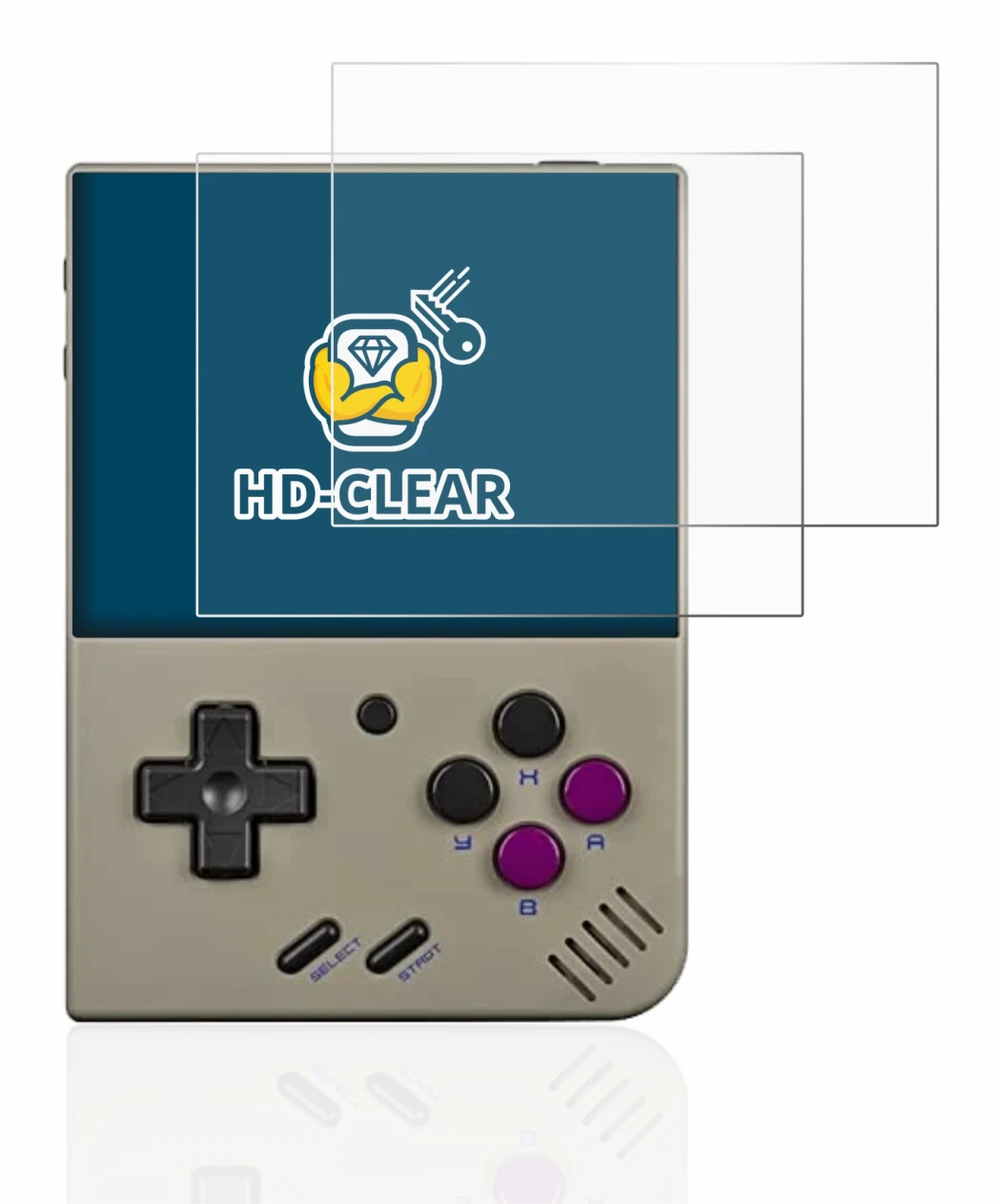 Image of the device Miyoo Mini Plus with a wide variety of screen protectors.