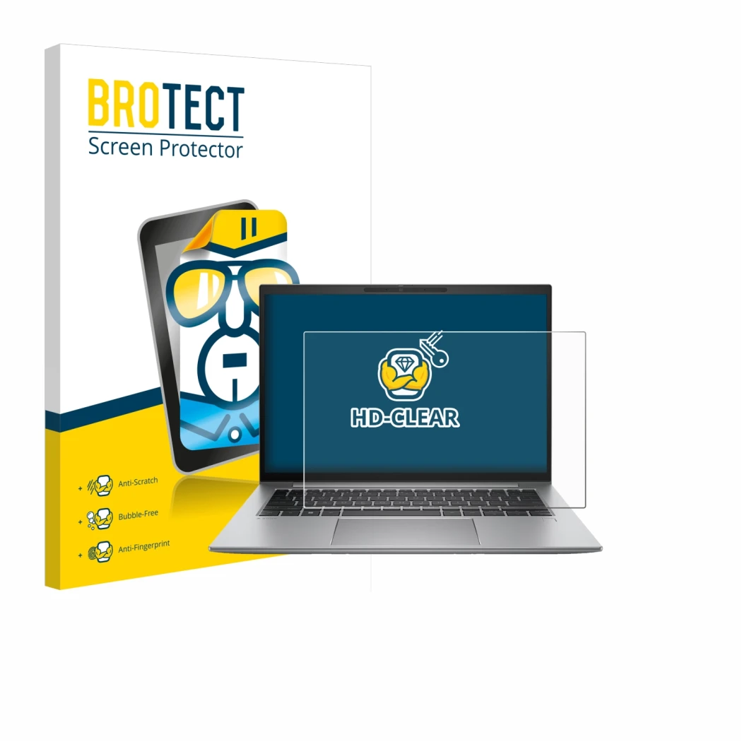 Front side of a product packaging with the brand logo BROTECT. Next to it is the device HP Zbook Firefly 14 G9 shown with the