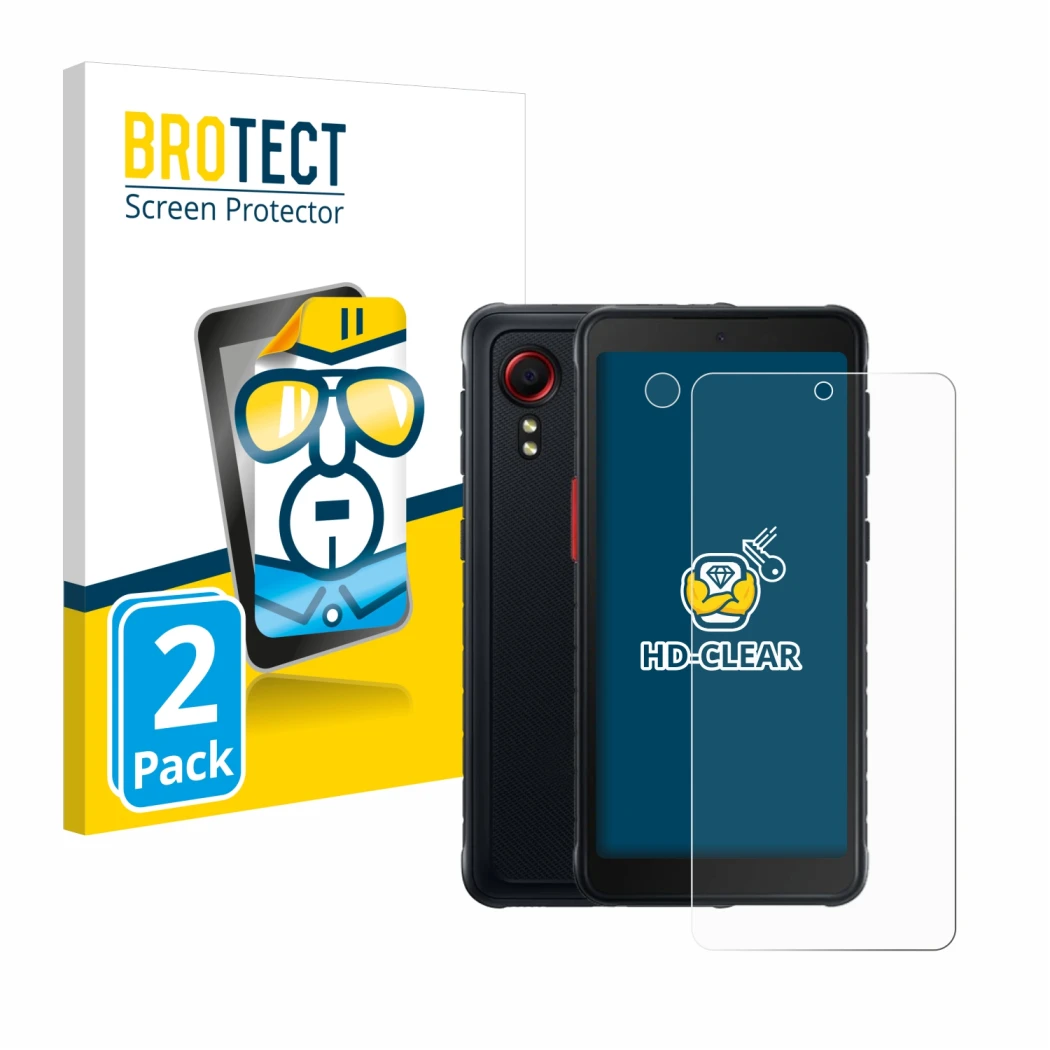 Front side of a product packaging with the brand logo BROTECT. Next to it is the device Samsung Galaxy XCover 5 Enterprise Edi