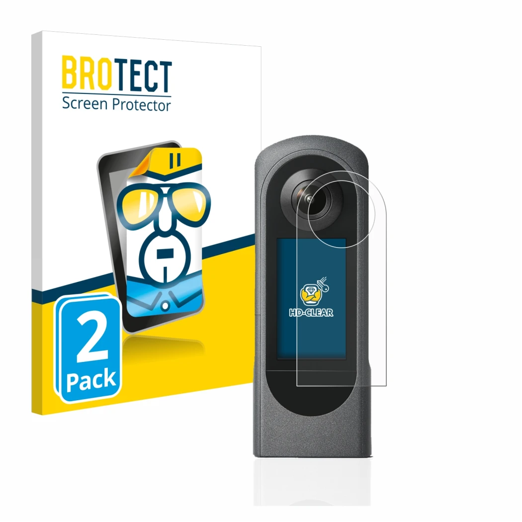 Front side of a product packaging with the brand logo BROTECT. Next to it is the device Ricoh Theta X shown with the correspon