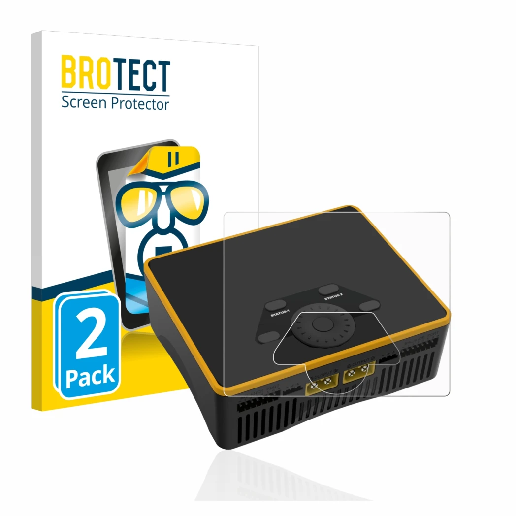 Front side of a product packaging with the brand logo BROTECT. Next to it is the device Junsi iCharger DX6 shown with the corr