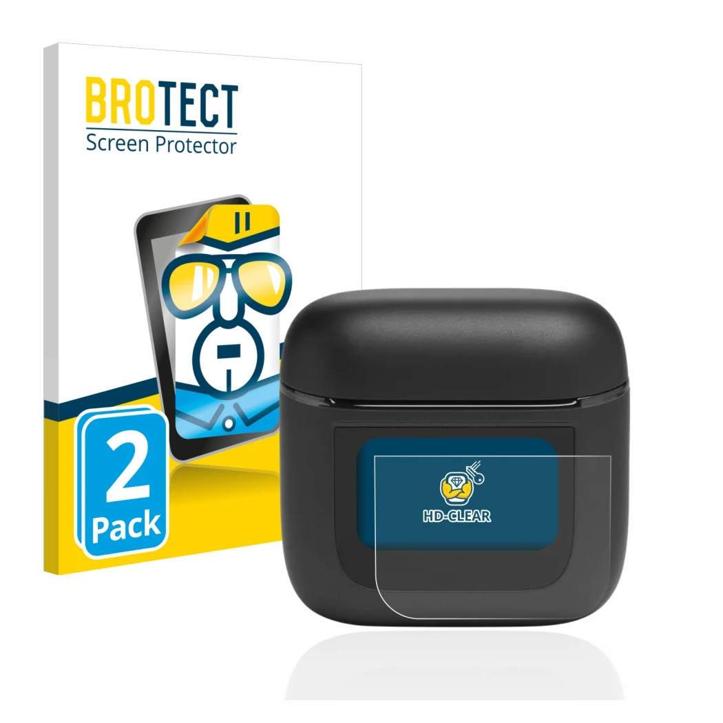 Front side of a product packaging with the brand logo BROTECT. Next to it is the device JBL Tour Pro 2 shown with the correspo