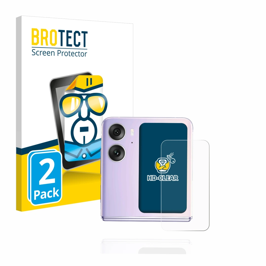 Front side of a product packaging with the brand logo BROTECT. Next to it is the device Oppo Find N2 Flip (Back display) shown