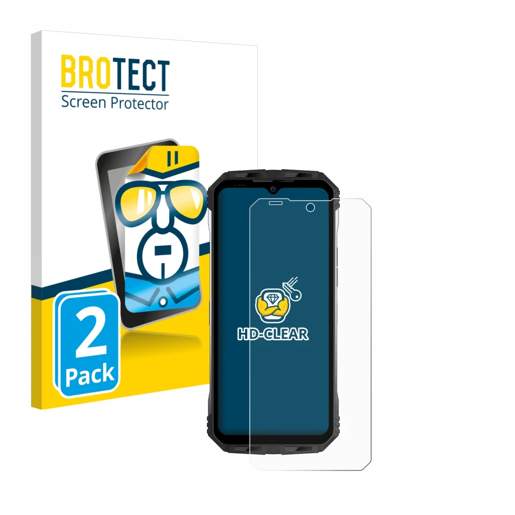 Front side of a product packaging with the brand logo BROTECT. Next to it is the device Doogee S100 shown with the correspondi