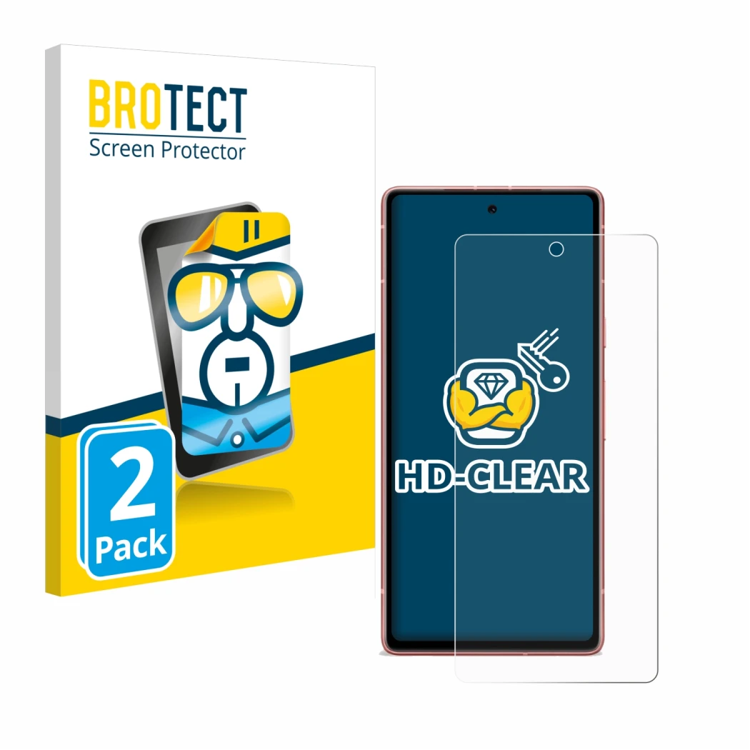 Front side of a product packaging with the brand logo BROTECT. Next to it is the device Google Pixel 7a shown with the corresp
