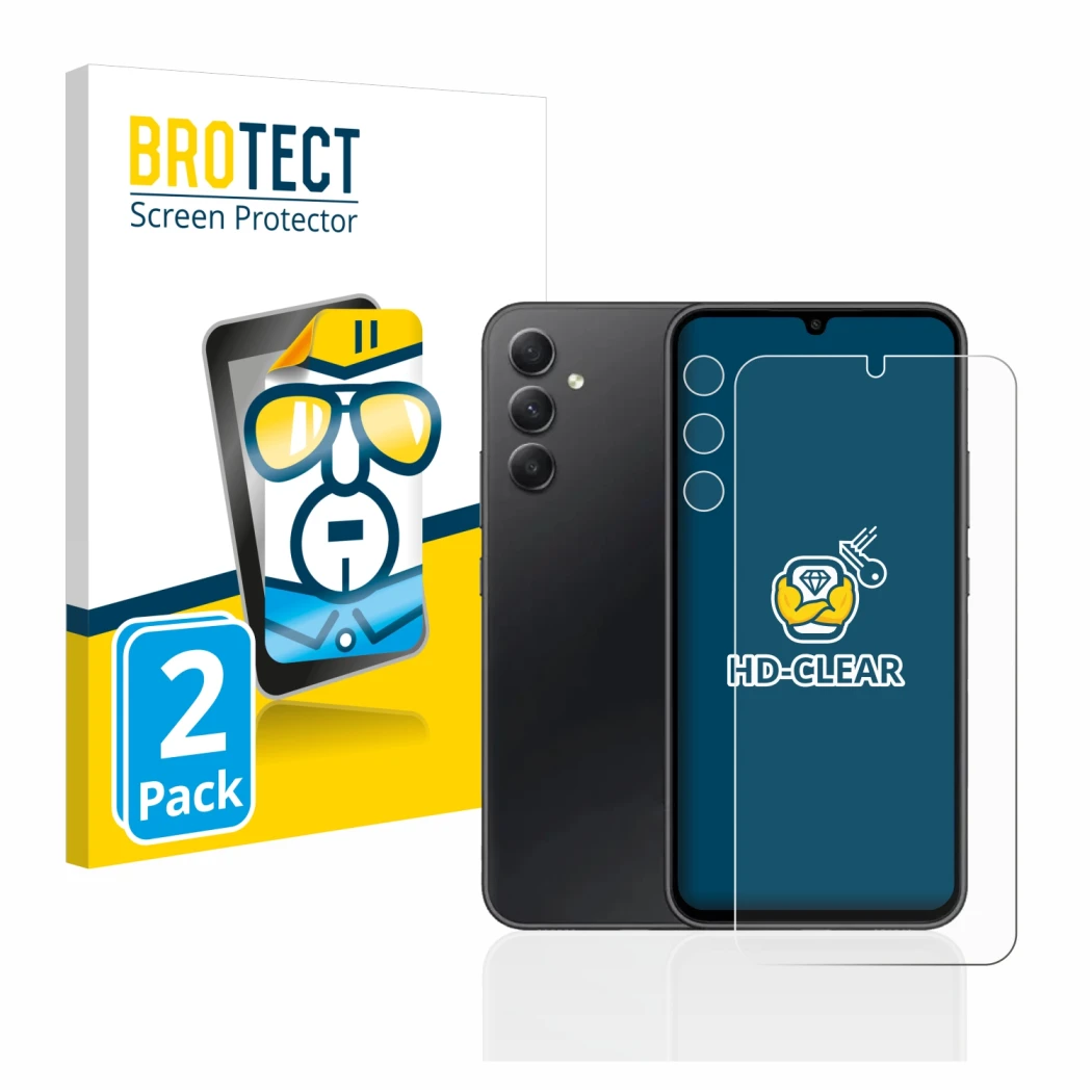 Front side of a product packaging with the brand logo BROTECT. Next to it is the device Samsung Galaxy A34 5G (Front+Camera) s