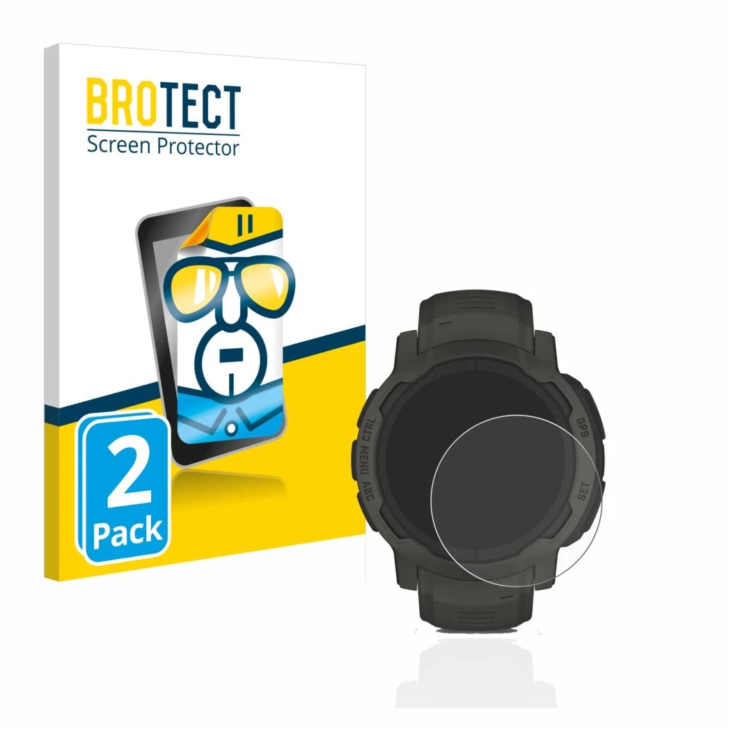 Front side of a product packaging with the brand logo BROTECT. Next to it is the device Garmin Instinct 2 Solar shown with the