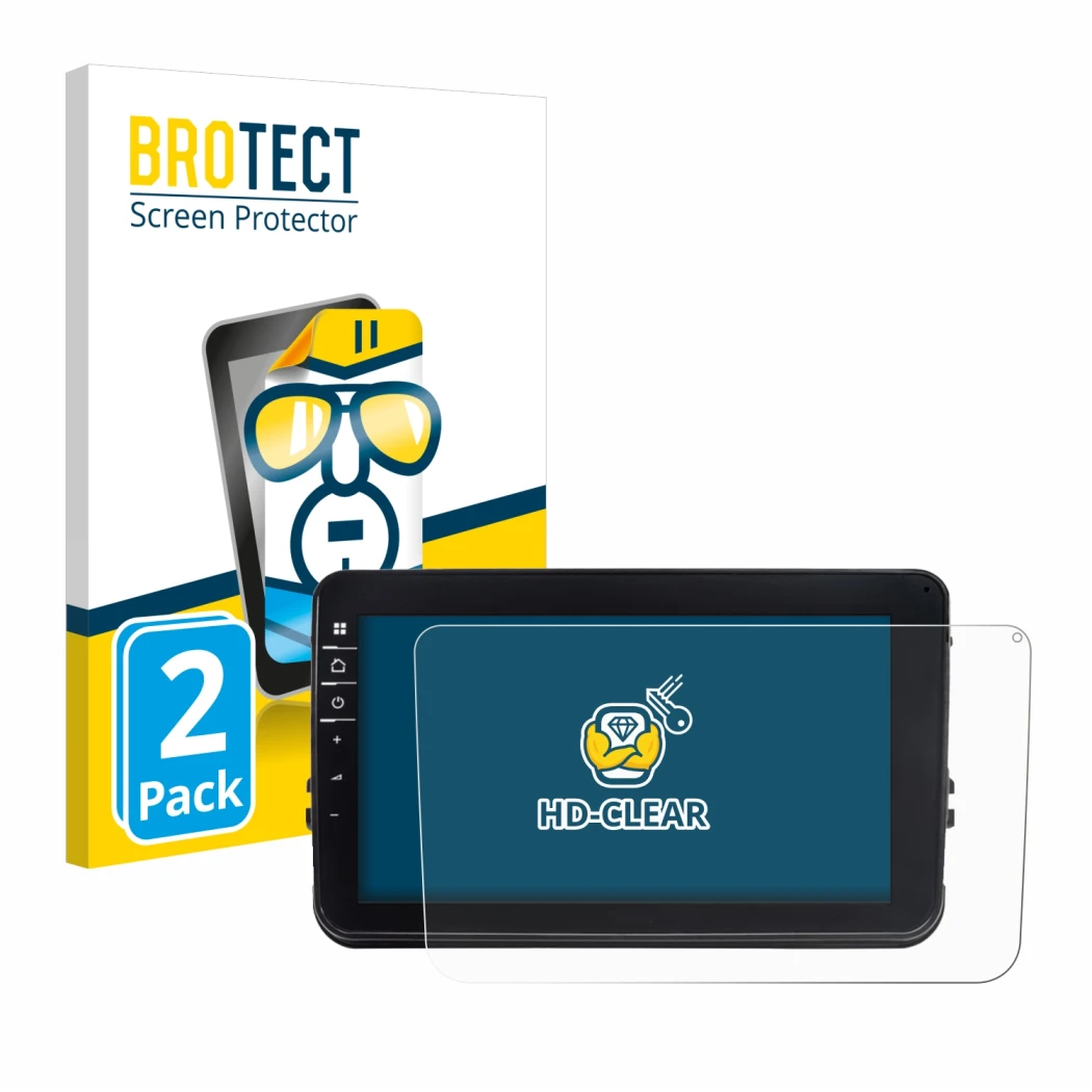 Front side of a product packaging with the brand logo BROTECT. Next to it is the device Dynavin D8-V8 8