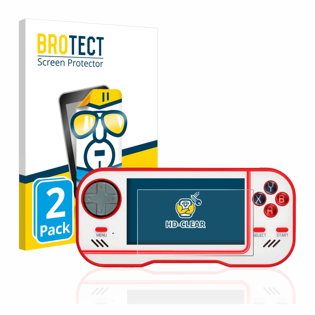 Front side of a product packaging with the brand logo BROTECT. Next to it is the device Blaze Evercade shown with the correspo