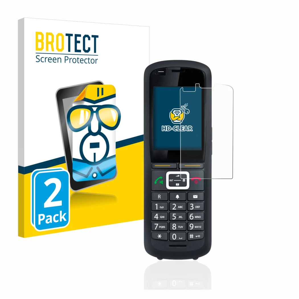 Front side of a product packaging with the brand logo BROTECT. Next to it is the device Gigaset R700H Pro shown with the corre