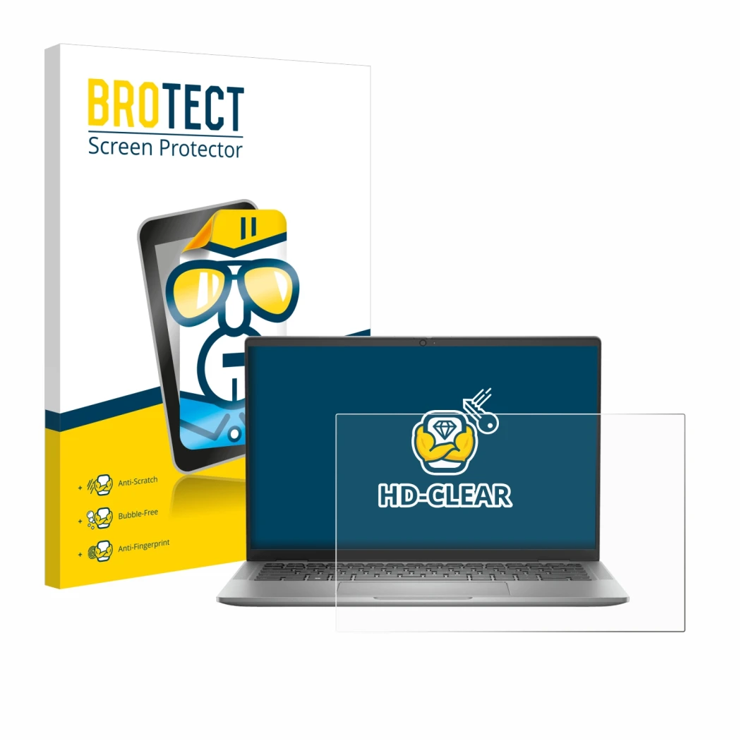 Front side of a product packaging with the brand logo BROTECT. Next to it is the device Dell Latitude 7440 Laptop shown with t