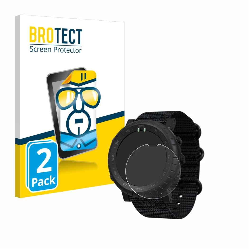 Front side of a product packaging with the brand logo BROTECT. Next to it is the device Suunto Core Alpha shown with the corre