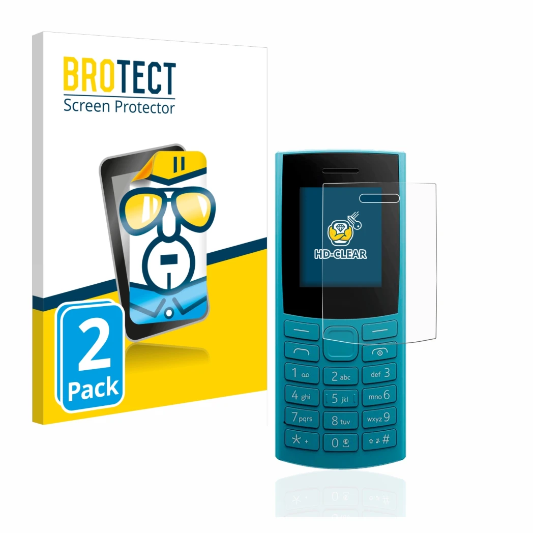Front side of a product packaging with the brand logo BROTECT. Next to it is the device Nokia 105 4G (2023) shown with the cor