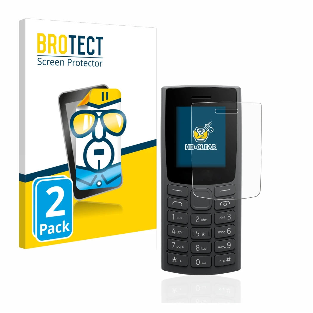 Front side of a product packaging with the brand logo BROTECT. Next to it is the device Nokia 105 (2023) shown with the corres