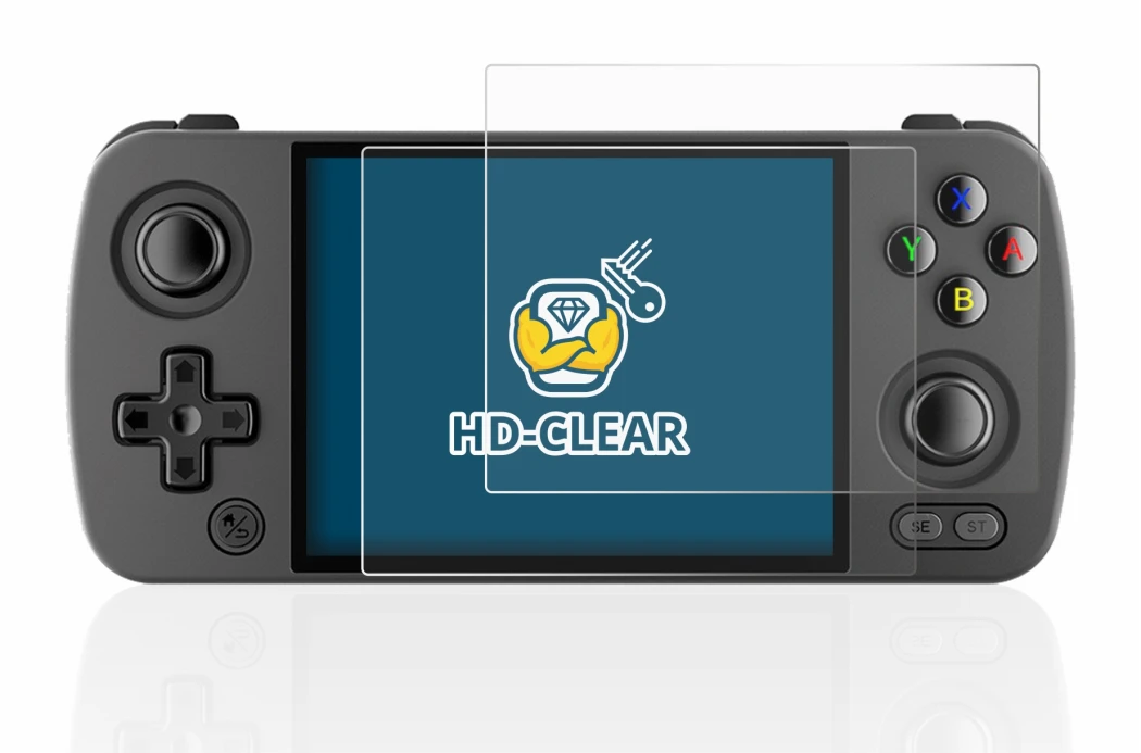 Image of the device Anbernic RG405M with a wide variety of screen protectors.