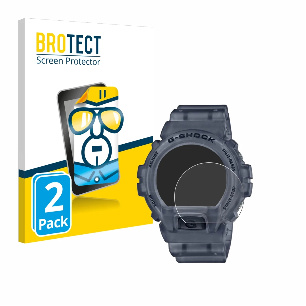 Front side of a product packaging with the brand logo BROTECT. Next to it is the device Casio G-Shock DW-6900 shown with the c