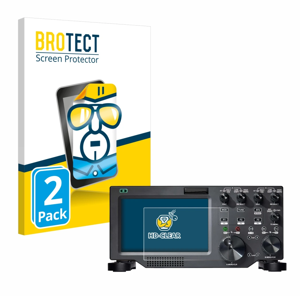 Front side of a product packaging with the brand logo BROTECT. Next to it is the device FlexRadio Maestro FLEX-6000 shown with