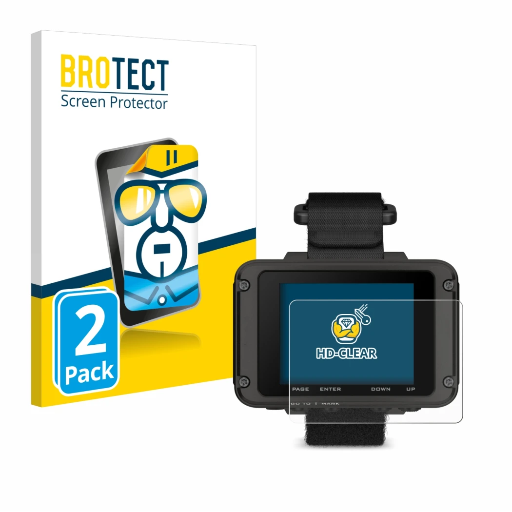 Front side of a product packaging with the brand logo BROTECT. Next to it is the device Garmin Foretrex 801 shown with the cor
