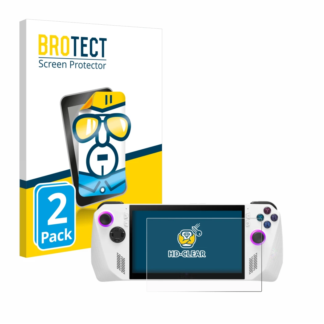 Front side of a product packaging with the brand logo BROTECT. Next to it is the device ASUS ROG Ally (2023) RC71L shown with 